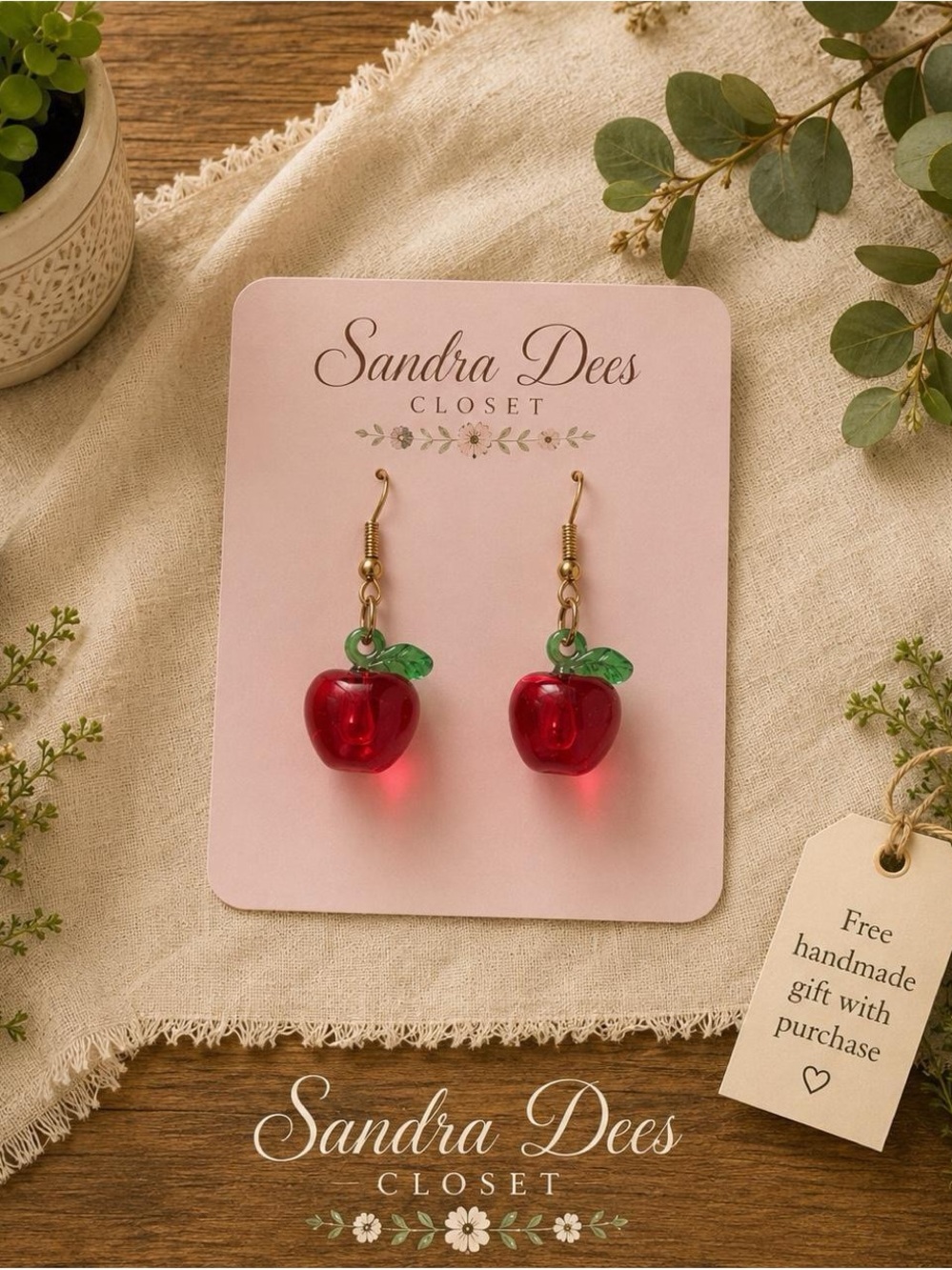 Sandra Dees Closet Red Apple Drop Earrings